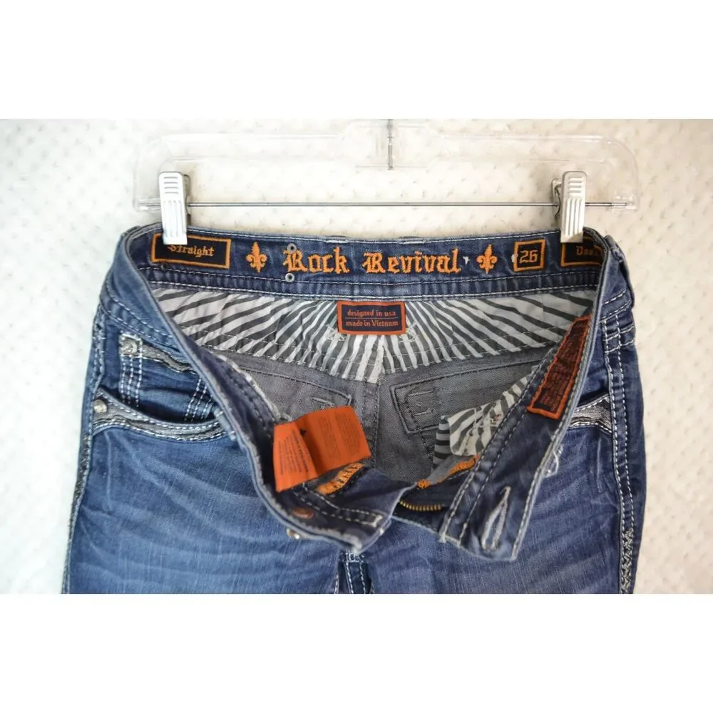 Rock Revival Women's 26 Long Deeka Straight Leg Embellished Stretch Jeans